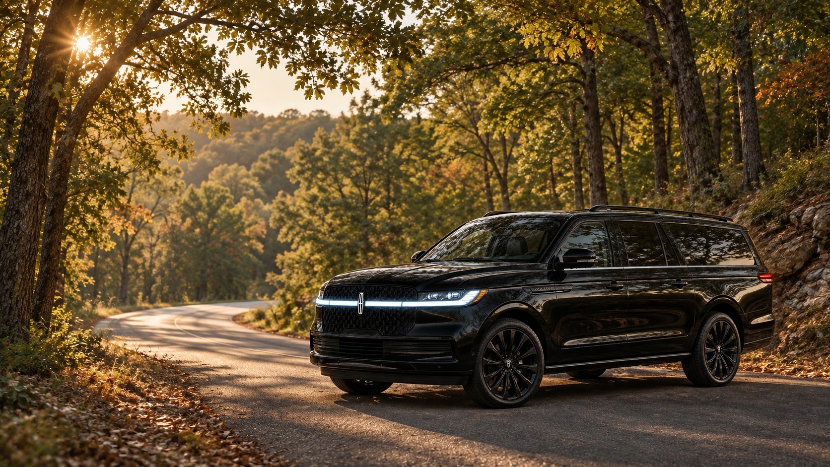 The black Navigator on a tree-lined road
