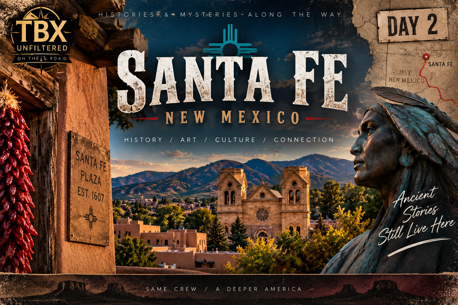 TBX On the Road Day 2 Santa Fe cover featuring the Cathedral Basilica, Pueblo-style architecture, a bronze Indigenous figure, and a New Mexico route map
